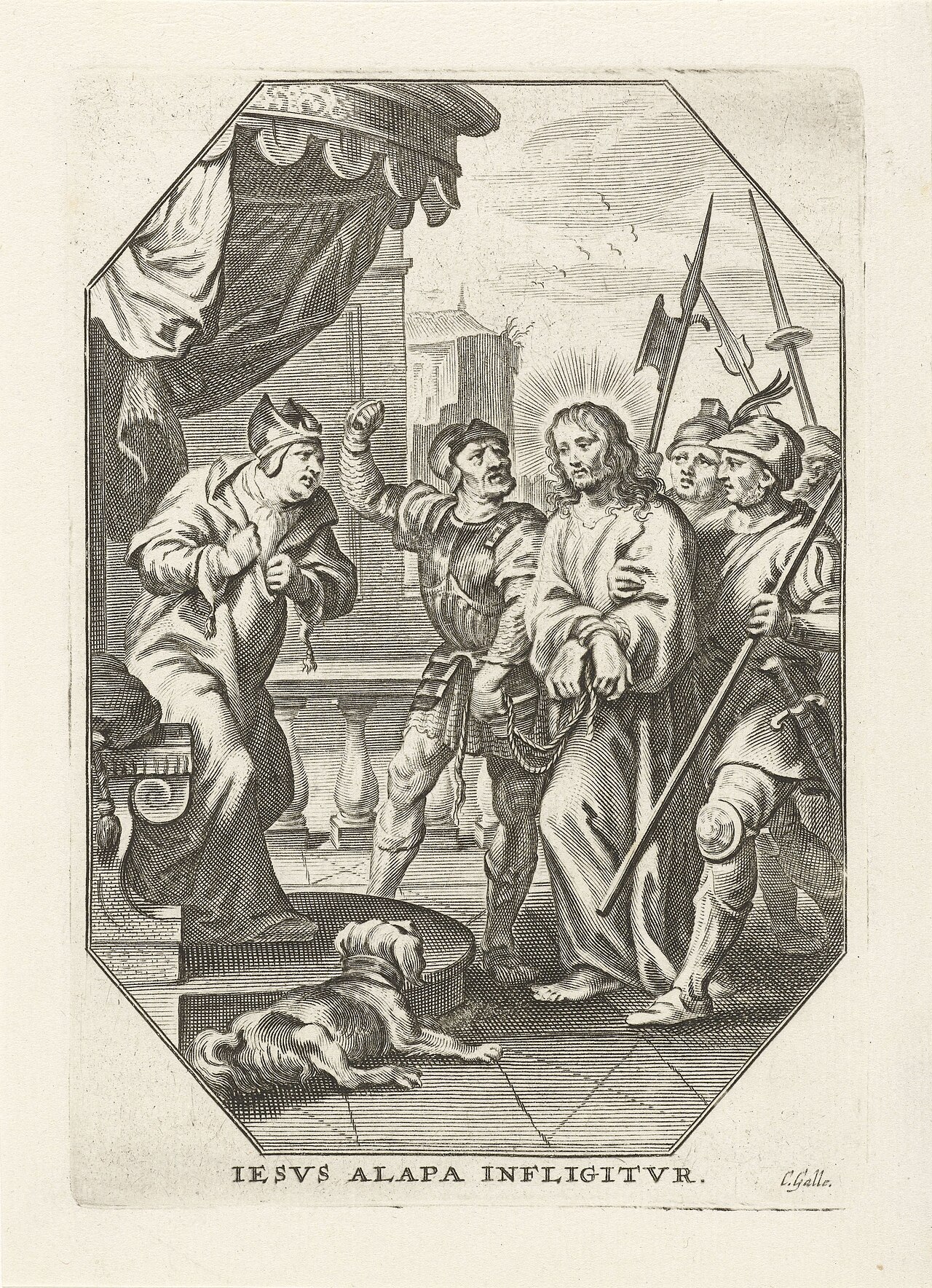 IdentificatieTitel(s): Christus voor Annas. Iesvs alapa infligitvr (titel op object). De Passie (serietitel)Objecttype: prent Serienummer: 5/13Objectnummer: RP-P-1904-411Catalogusreferentie: Hollstein Dutch 76Opschriften / Merken: verzamelaarsmerk, verso, gestempeld: Lugt 2228Omschrijving: Christus voor de hogepriester Annas. Vijfde prent uit een serie van 13, met voorstellingen uit het lijdensverhaal van Christus.VervaardigingVervaardiger: prentmaker: Cornelis Galle (I) (vermeld op object)Plaats vervaardiging: Zuidelijke NederlandenDatering: 1586 - 1650Fysieke kenmerken: gravureMateriaal: papier Techniek: graveren (drukprocedé)Afmetingen: plaatrand: h 133 mm × b 93 mmOnderwerpWat: Christ before Annas (Hanna); maybe a soldier about to strike Christ (John 18:13, 18:19-24)Verwerving en rechtenCredit line: Schenking van de heer G.J. Boekenoogen, LeidenVerwerving: schenking 1904Copyright: Publiek domein