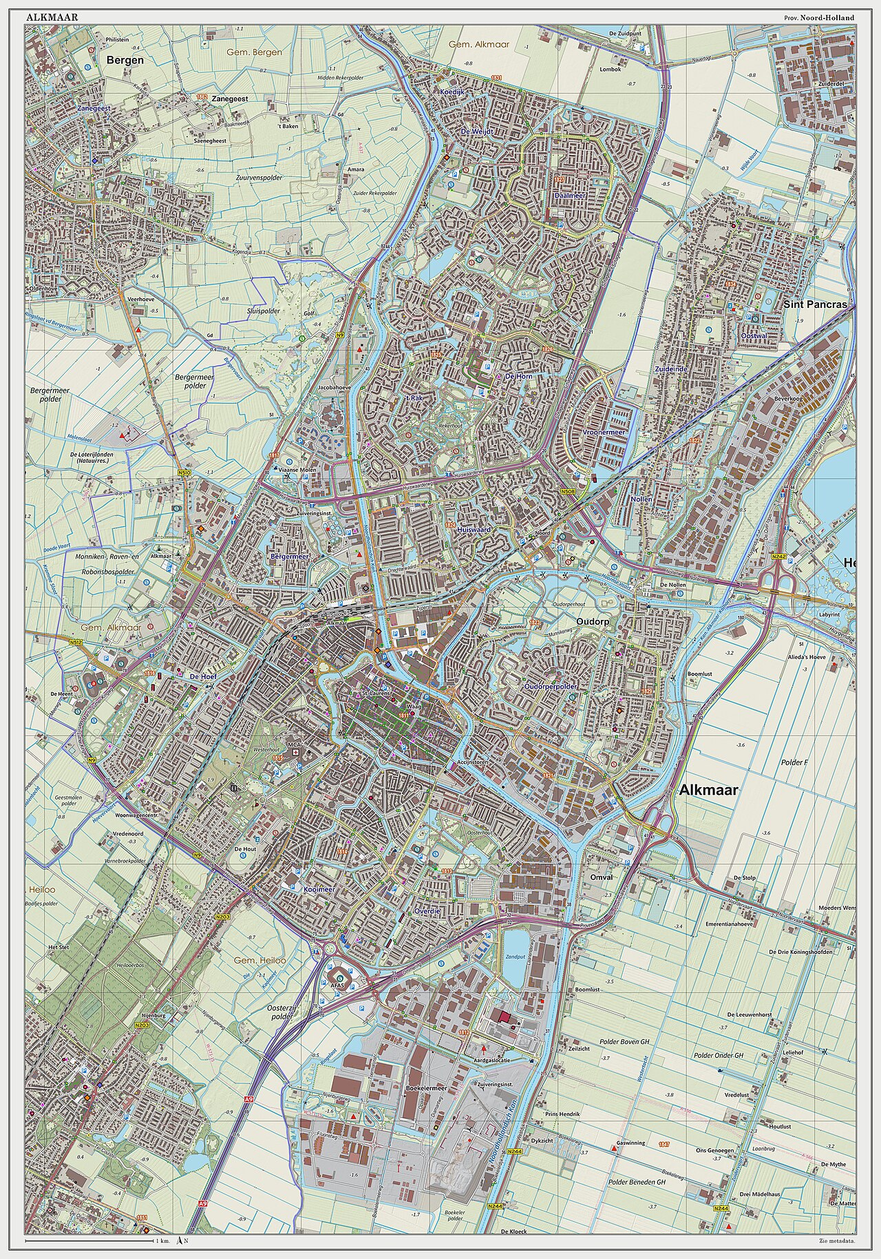 Topografische kaart van Alkmaar (woonplaats). Resolutie: 300 pixels/km.
Kaartbeeld samengesteld uit de open geodata van de Top10NL en Top25namen (Basisregistratie Topografie, Kadaster), Creative Commons BY licentie. Gebouwvlakken uit open geodata BAG extract. Wegen uit de OpenStreetMap, OpenStreetMap community. Schaduwreliëf uit de Actuele Hoogtekaart AHN2.

Samenstelling en kleurenschema: Jan-Willem van Aalst, met QGIS2. Zie ook de Legenda.