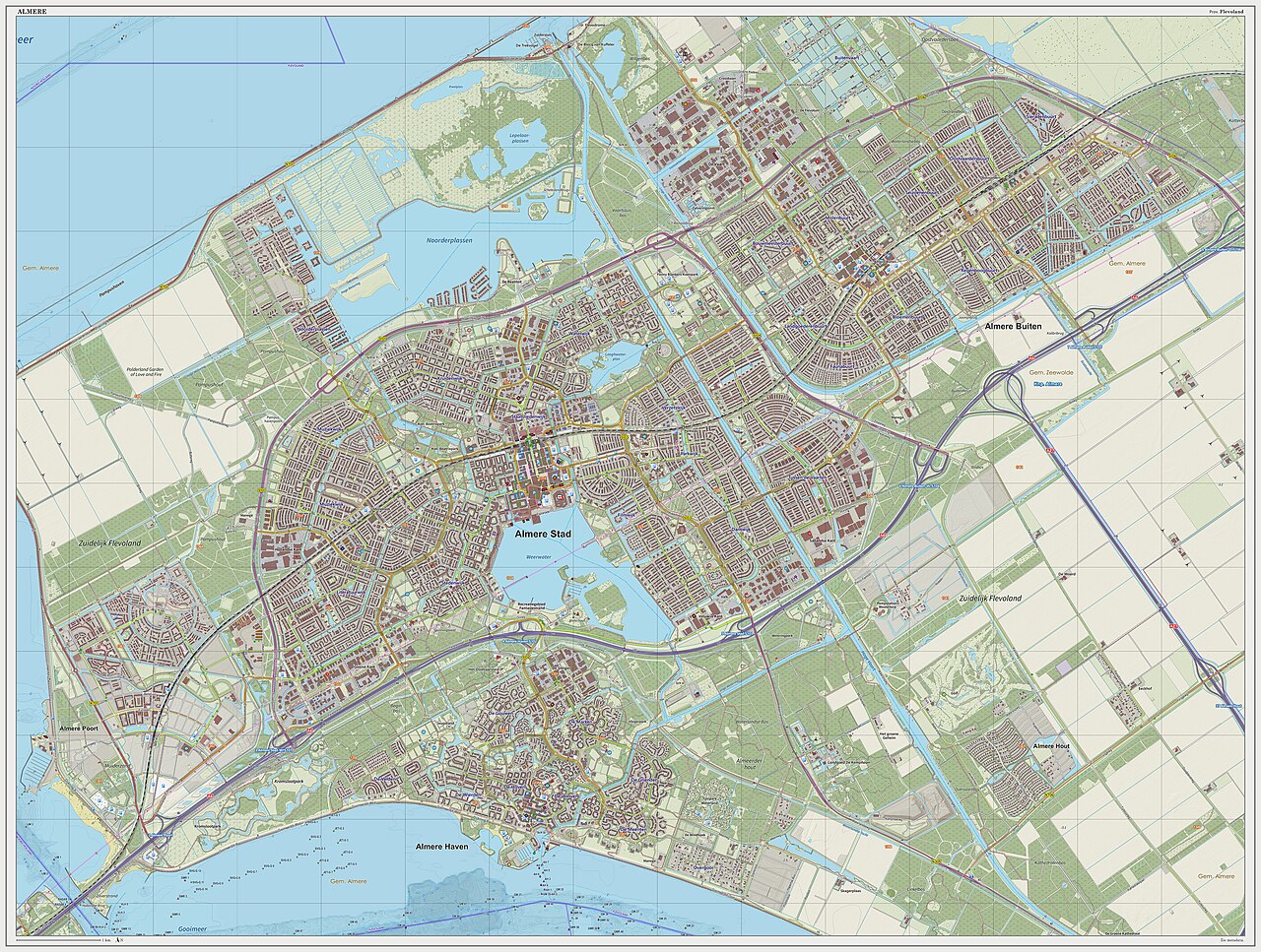 Topografische kaart van Almere (woonplaats). Resolutie: 300 pixels/km.
Kaartbeeld samengesteld uit de open geodata van de Top10NL en Top25namen (Basisregistratie Topografie, Kadaster), Creative Commons BY licentie. Gebouwvlakken uit open geodata BAG extract. Wegen uit de OpenStreetMap, OpenStreetMap community. Reliëfschaduw uit de Actuele Hoogtekaart AHN2.

Samenstelling en kleurenschema: Jan-Willem van Aalst, met QGIS2. Zie ook de Legenda.