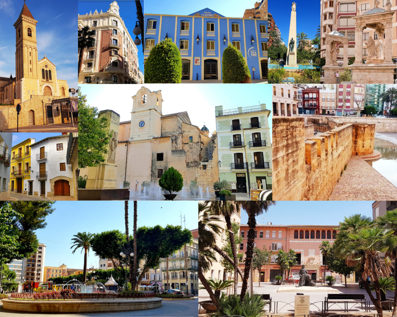 Alzira, Santuario del Lluch (izquierda superior) y centro ciudad