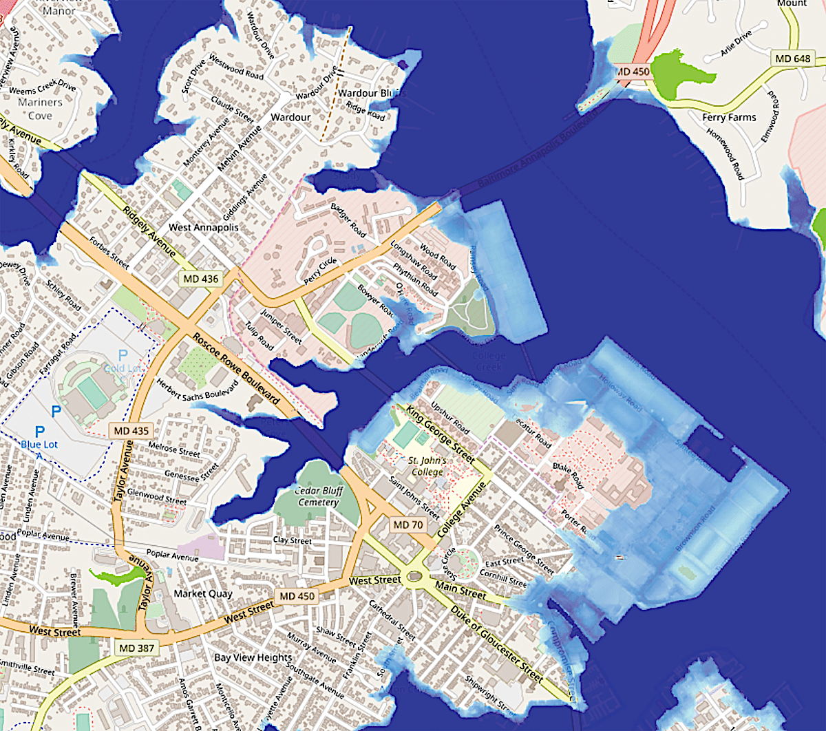 Map of Annapolis, Maryland, U.S. generated by NOAA Sea Level Rise Viewer, focusing on encroachment of water by 2100 due to sea level rise on the grounds of the U.S. Naval Academy