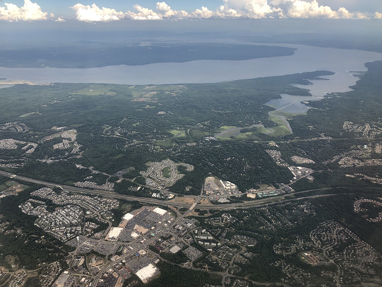 View east across Garrisonville and Aquia Harbour towards the Aquia Creek and the Potomac River in eastern Stafford County, Virginia from an airplane heading for Washington Dulles International Airport