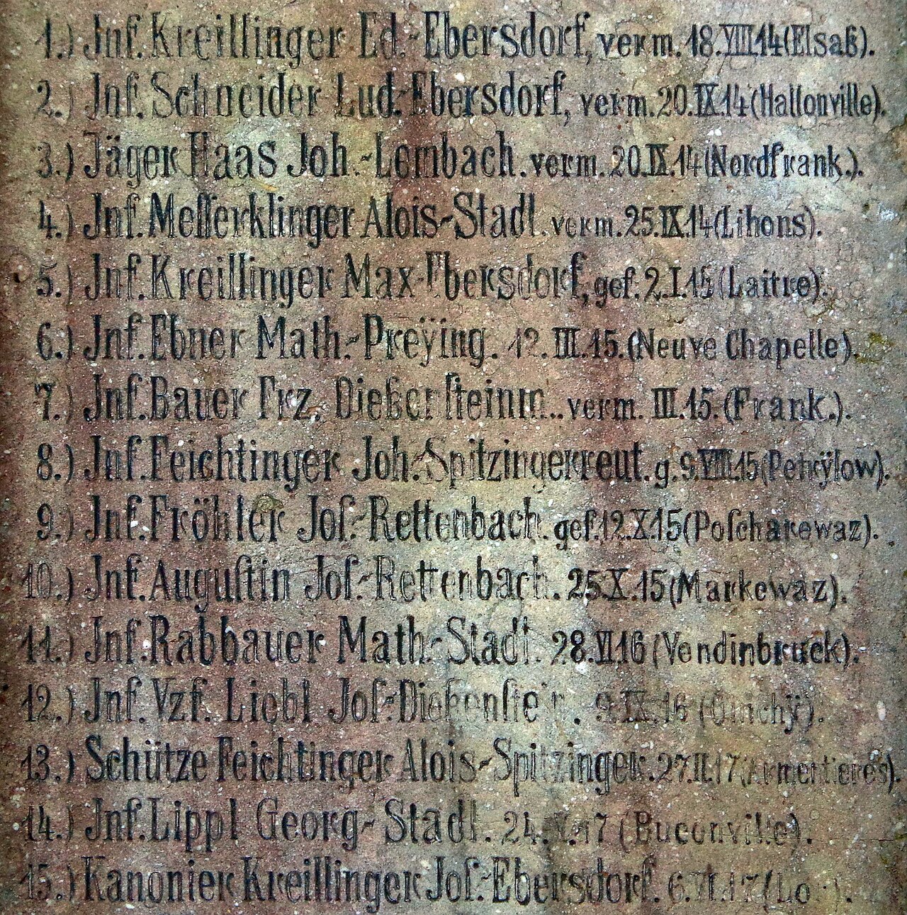 Extract of the list of World War I dead from the village of Preying (municipality of Saldenburg, district of Freyung-Grafenau in Bavaria, Germany) - part of the village war memorial