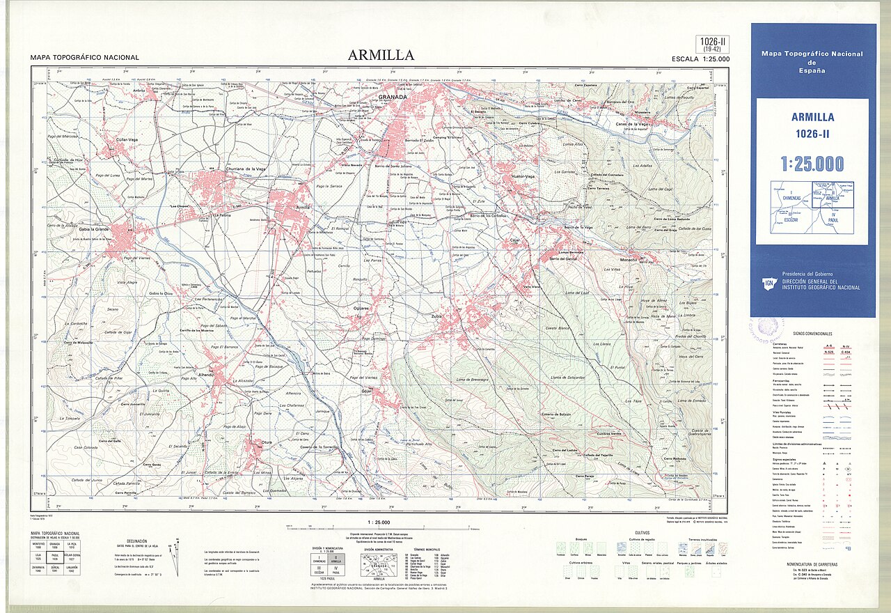 Fragment 1026c2 of the National Topographic Map of Spain in 1979 at a scale of 1:25000 printed and scanned with a resolution of 250 ppi. It shows Armilla.