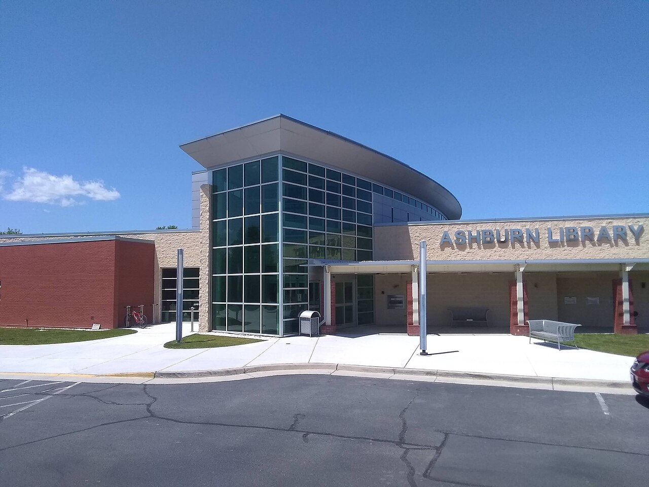 The Ashburn Library in Ashburn, Virginia, taken from the ridge between the drop-off loop and the parking lot