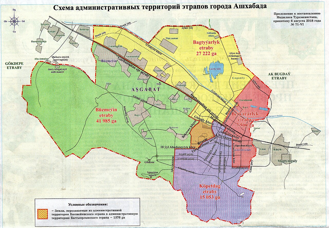 Map depicting the boroughs of the city of Ashgabat, Turkmenistan, and their respective borders.
