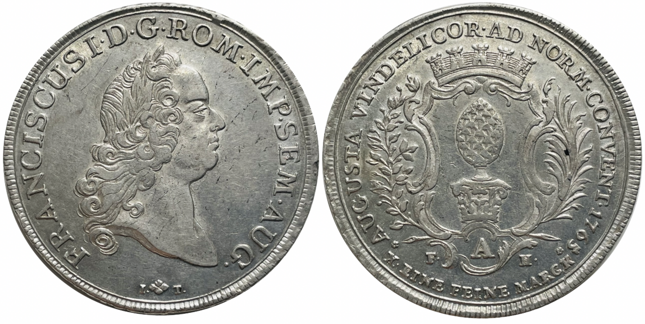 1 silver conventionsthaler of the Free City-state of Augsburg, with the front being Emperor Francis I of the Holy Roman Empire, cast in C.E.1765