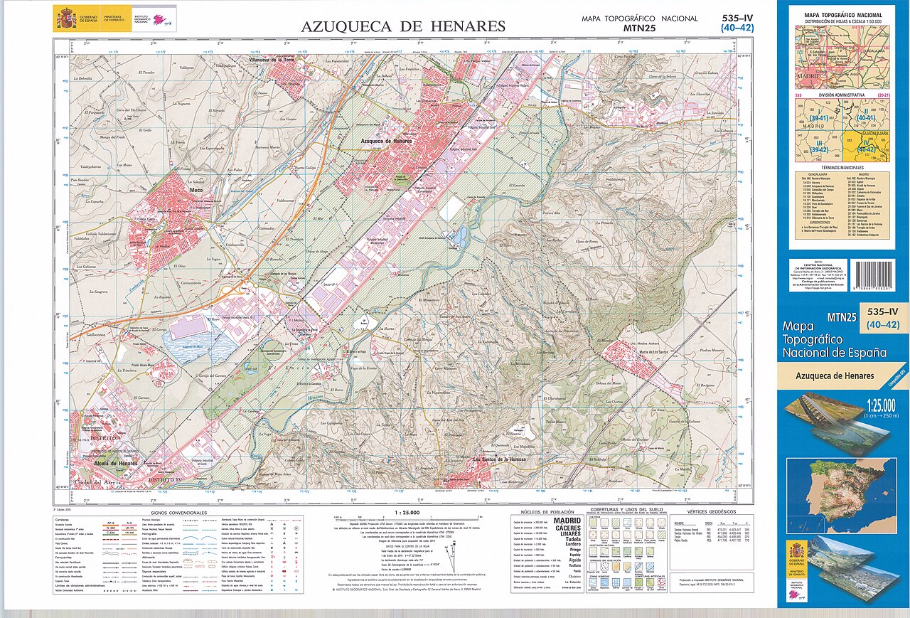Fragment 0535c4 of the National Topographic Map of Spain in 2019 at a scale of 1:25000 printed and scanned with a resolution of 250 ppi. It shows Azuqueca de Henares (Castile-La Mancha - Spain).