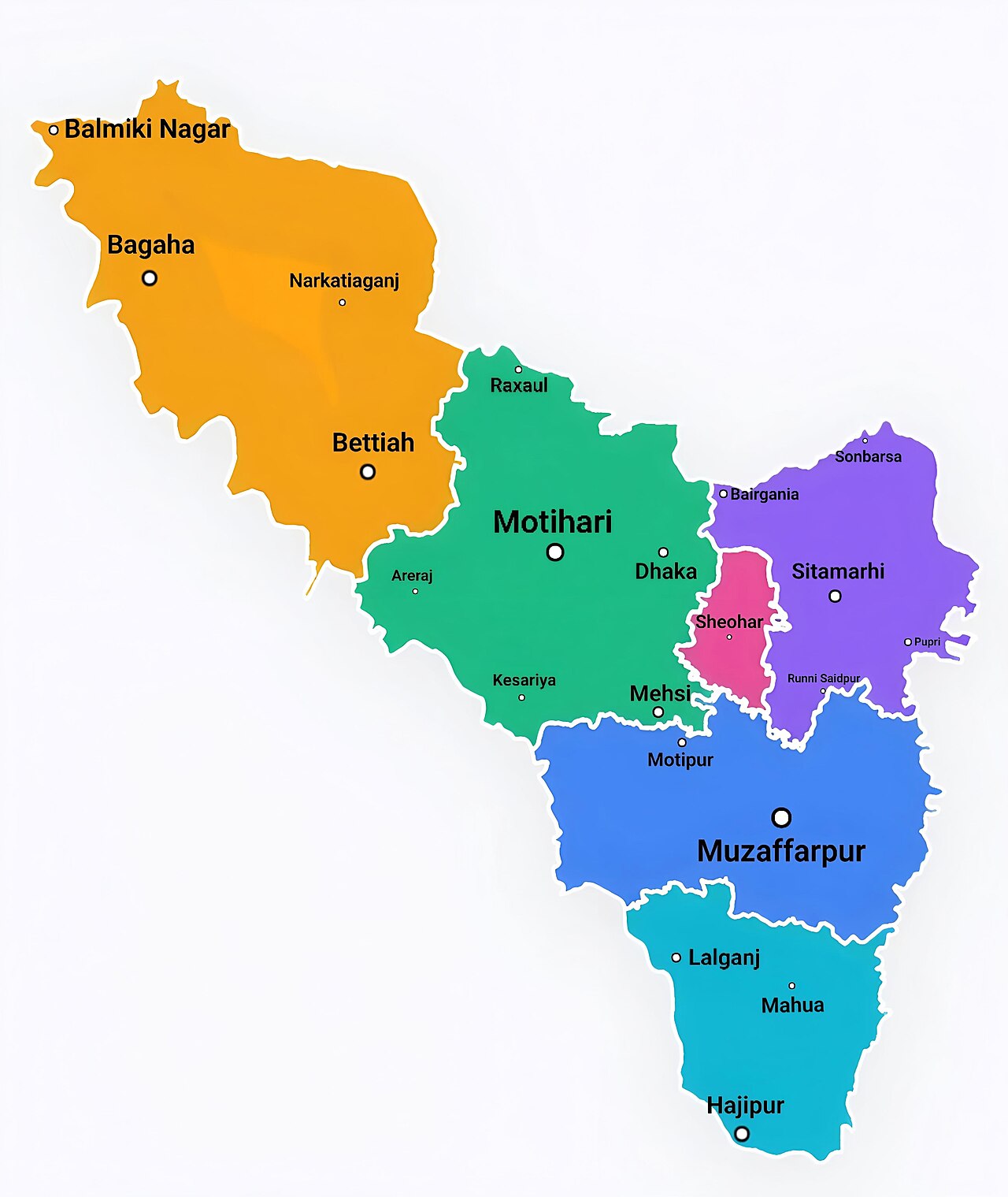 Map showing major towns and cities within Tirhut Division, Bihar, including urban centres  Muzaffarpur, Bettiah, Bagaha, Raxaul, Motihari, Mehsi, Narkatiaganj, Valmiki Nagar, Sitamarhi, Sheohar, Hajipur, Motipur, Bairgania, Sonbarsa, Pupri, Runni Saidpur, Lalganj and Mahua