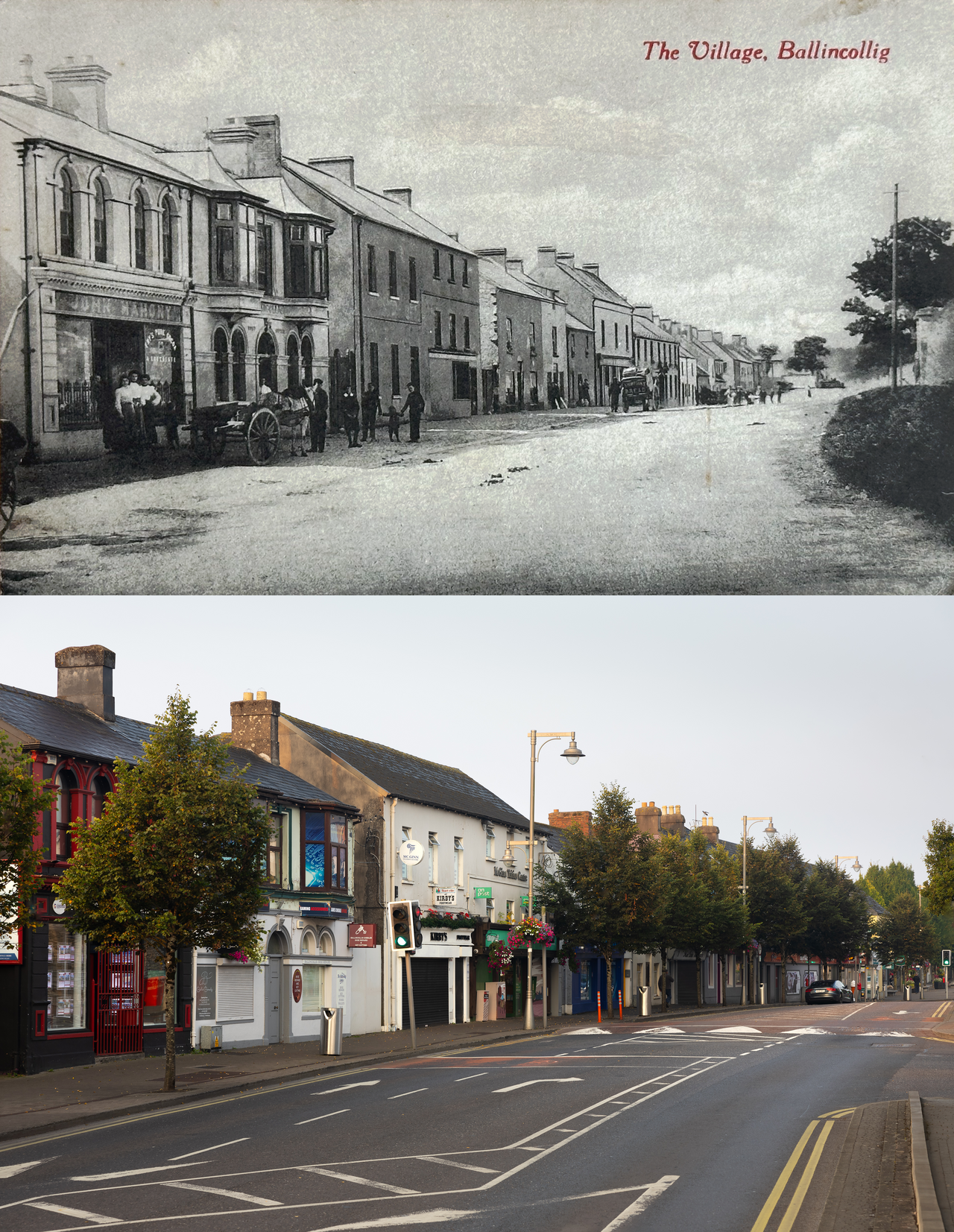 Ballincollig village in late 19th century, and 2024 view of the same houses