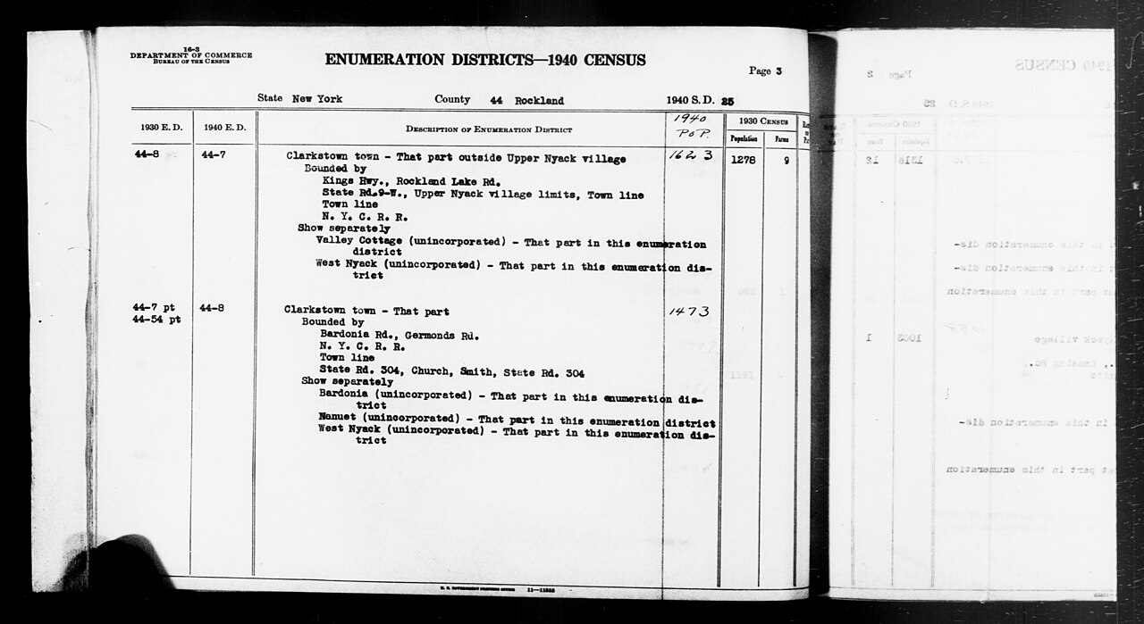 Scope and content:  This item lists Enumeration Districts for:
NY ED 44-7: CLARKSTOWN TOWN OUTSIDE UPPER NYACK VILLAGE BOUNDED BY (N) KINGS HIGHWAY, ROCKLAND LAKE RD; (E) STATE ROAD 9-W, UPPER NYACK VILLAGE LIMITS, TOWN LINE; (S) TOWN LINE; (W) NEW YORK CENTRAL RAILROAD; ALSO VALLEY COTTAGE (PART), WEST NYACK (PART).

NY ED 44-8: CLARKSTOWN TOWN BOUNDED BY (N) BARDONIA RD, GERMONDS RD; (E) NEW YORK CENTRAL RAILROAD; (S) TOWN LINE; (W) STATE ROAD 304, CHURCH, SMITH, STATE ROAD 304; ALSO BARDONIA (PART), NANUET (PART), WEST NYACK (PART).