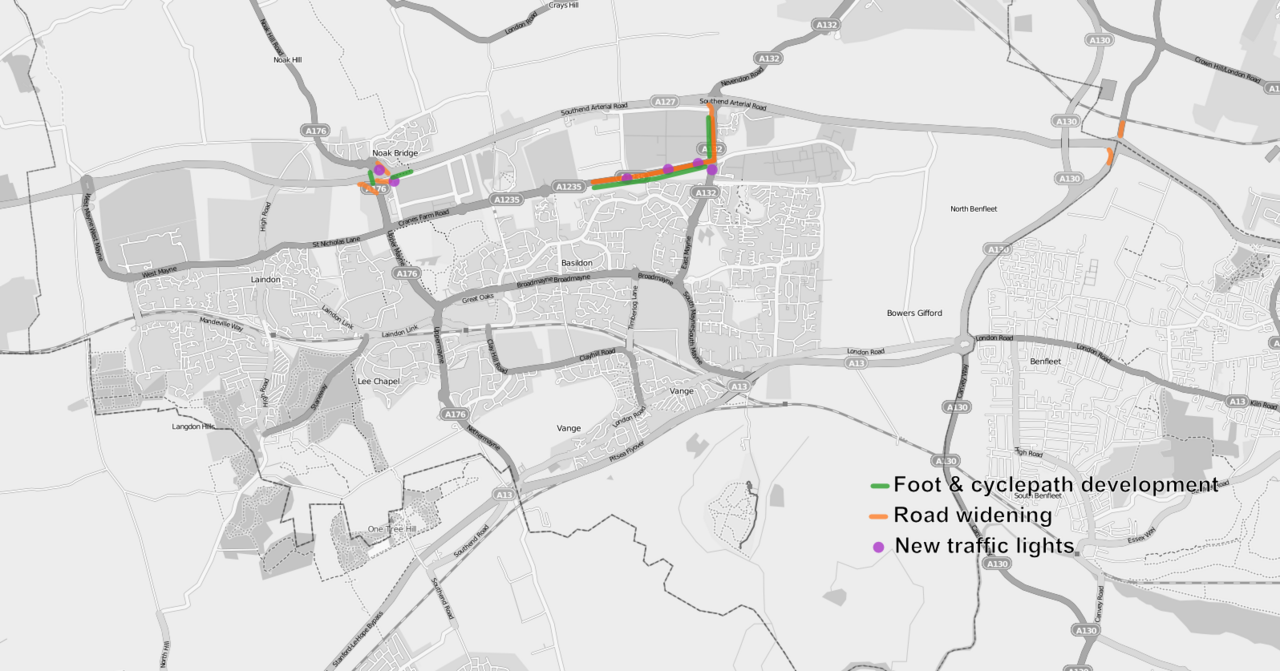 A map showing the proposed developments of the Basildon Enterprise Corridor.
