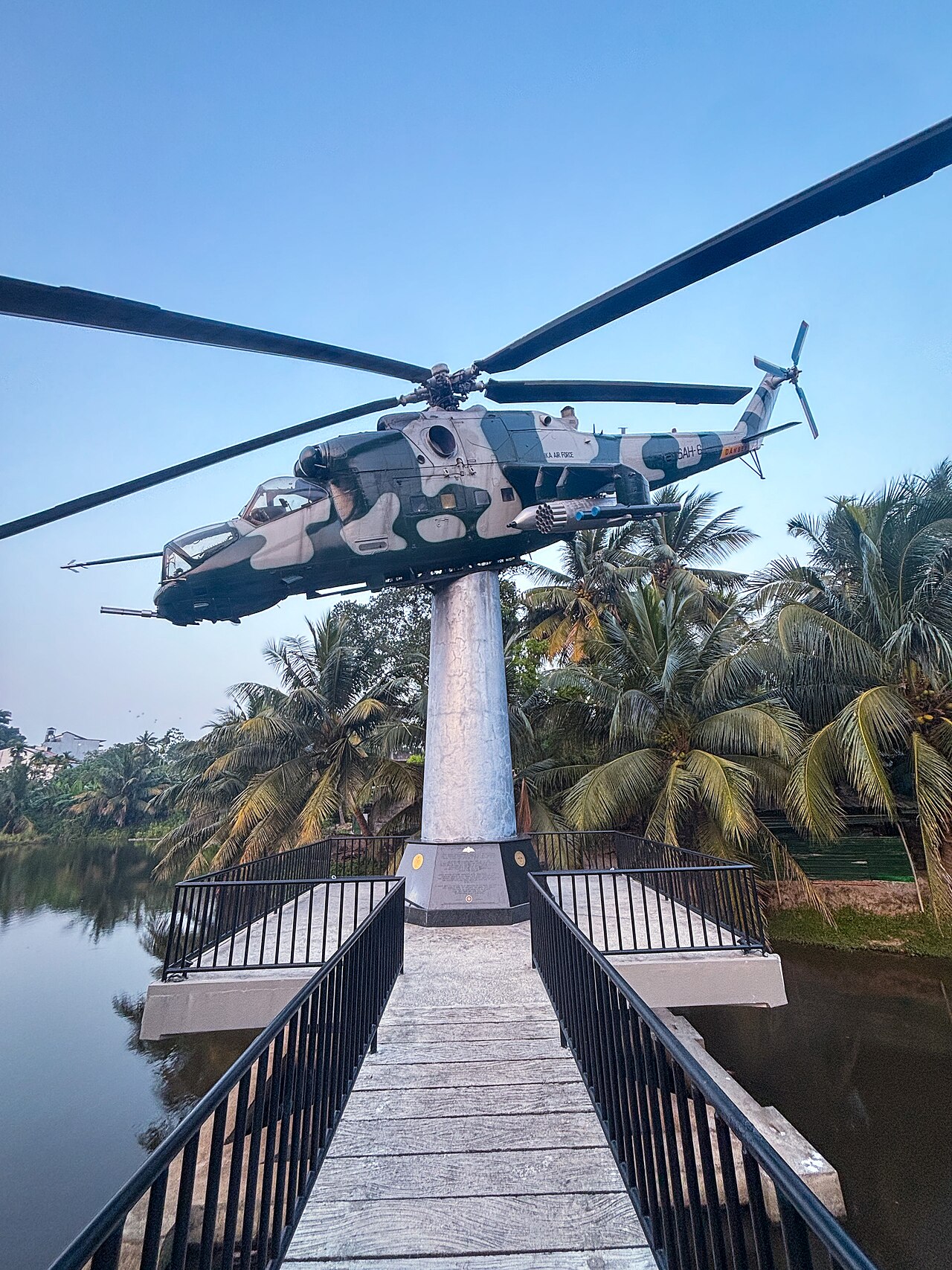 SAH-629 Mi-24V helicopter monument in Battaramulla near the Defense Headquarters Complex. Built in 1986, it served with the Soviet Air Force, later Ukrainian Army Aviation, and the SLAF No. 9 Attack Helicopter Squadron.