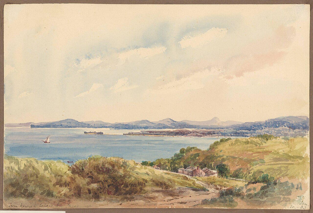 Watercolour, looking east from the Parsonage over Howick Beach towards Waiheke Island (left), Motukaraka Island (centre), Beachlands (right), showing the Royal Hotel, Shamrock Cottage (right foreground).