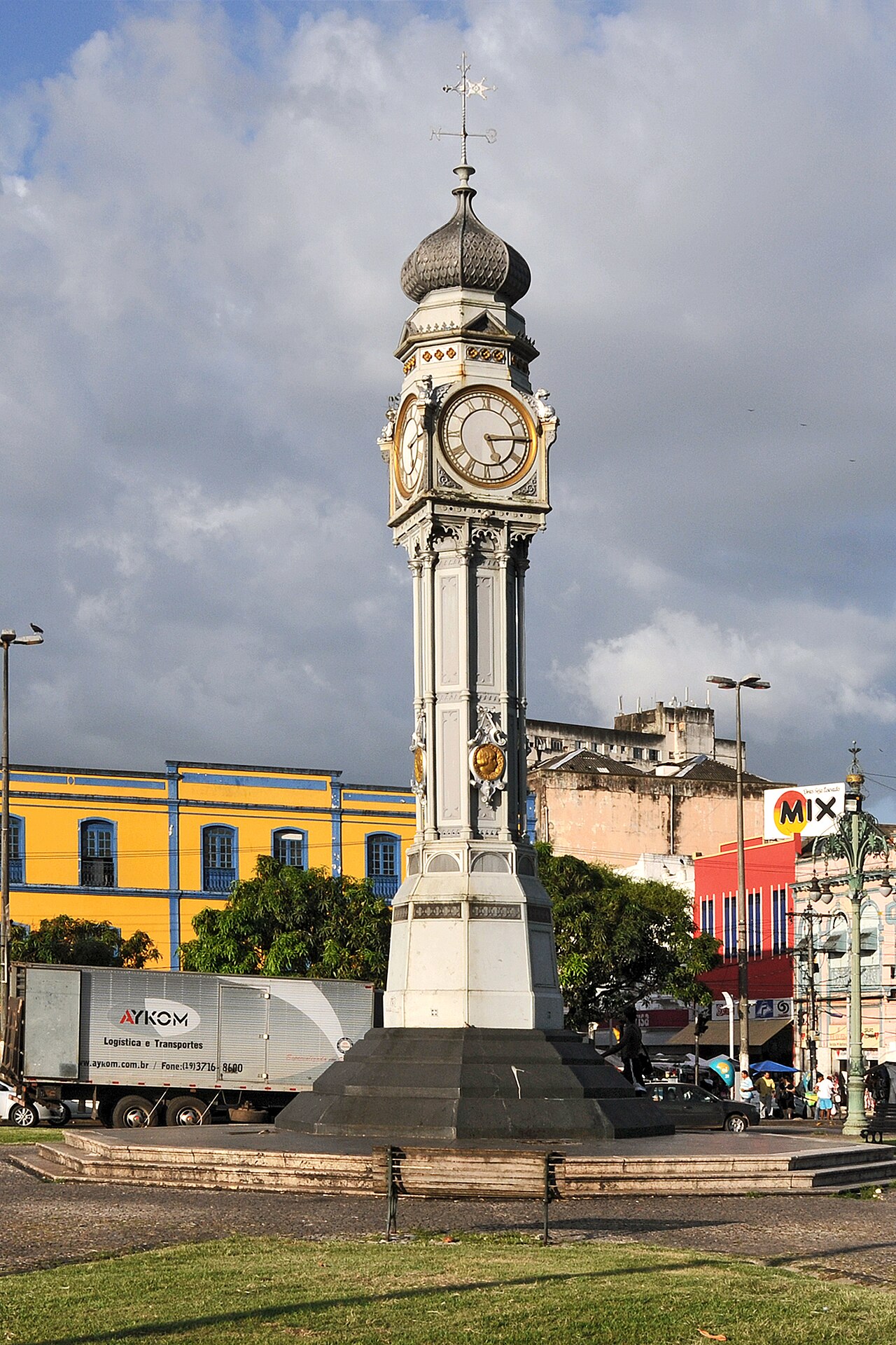 Praça do Relógio (en: Clock Place), officially praça Siqueira Campos, in Belém, Brazil. The place dates from 1930. The clocks were imported from the United Kingdom in the same year. Source: Praça do Relógio (Belém) on pt-Wiki.