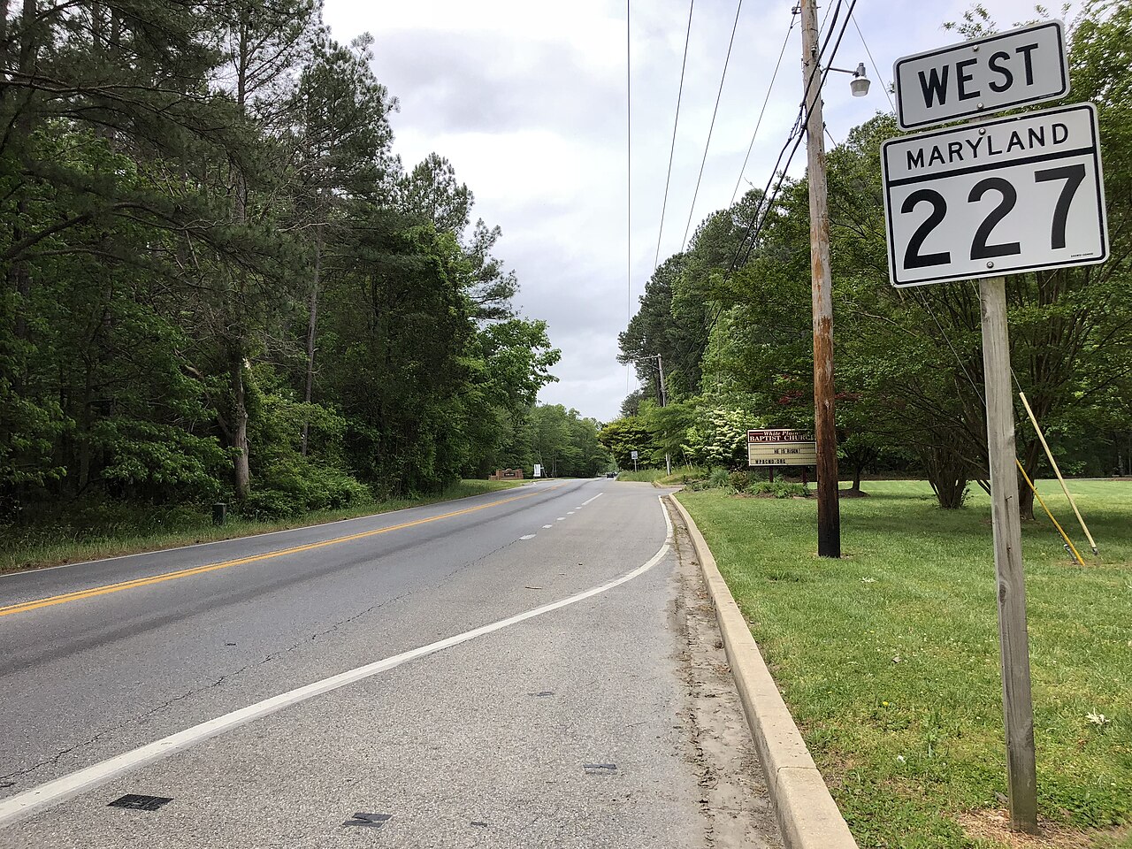 View west along Maryland State Route 227 (Marshall Corner Road) at Maryland State Route 229 (Bensville Road) in Bennsville, Charles County, Maryland