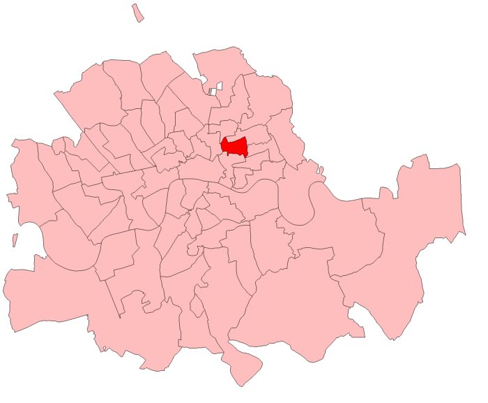 A map of Bethnal Green South West constituency within the Metropolitan Board of Works area, as it existed from 1885 to 1918.