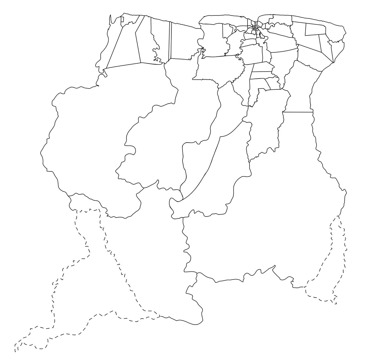 Map of Suriname showing all the resorts. The resort of Paramaca in Sipaliwini is now Added along with the Disputed areas. Others maps did not show the resort of Paramaca and the disputed areas were left out. this is a neutral version of that map.