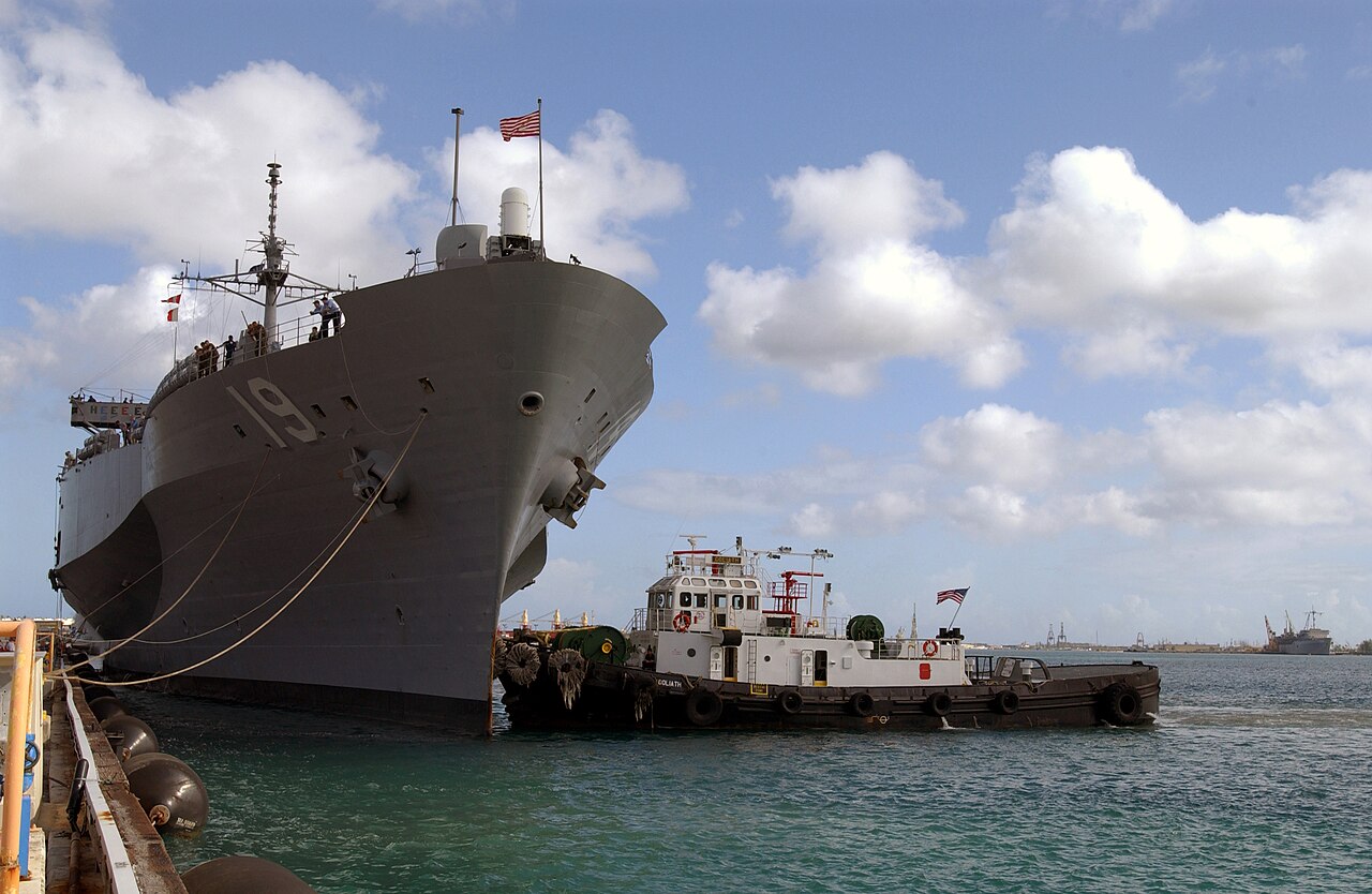 Santa Rita, Guam (Apr. 22, 2003) -- The amphibious command ship USS Blue Ridge (LCC 19) arrives pierside during Tandem Thrust ’03.  Tandem Thrust ‘03 is a joint exercise conducted in the Marianas Islands.  This exercise is a joint military exercise including forces from the United States, Canada and Australia.  U.S. Air Force photo by Tech Sgt. Steve Cline.  (RELEASED)