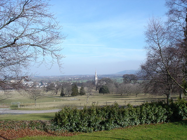 The Marble Church from Bodelwyddan Park. Taken from the grounds of Bodelwyddan Castle looking over the A55 dual carriage towards the coast with the spire of the Marble Church to the centre of the photo