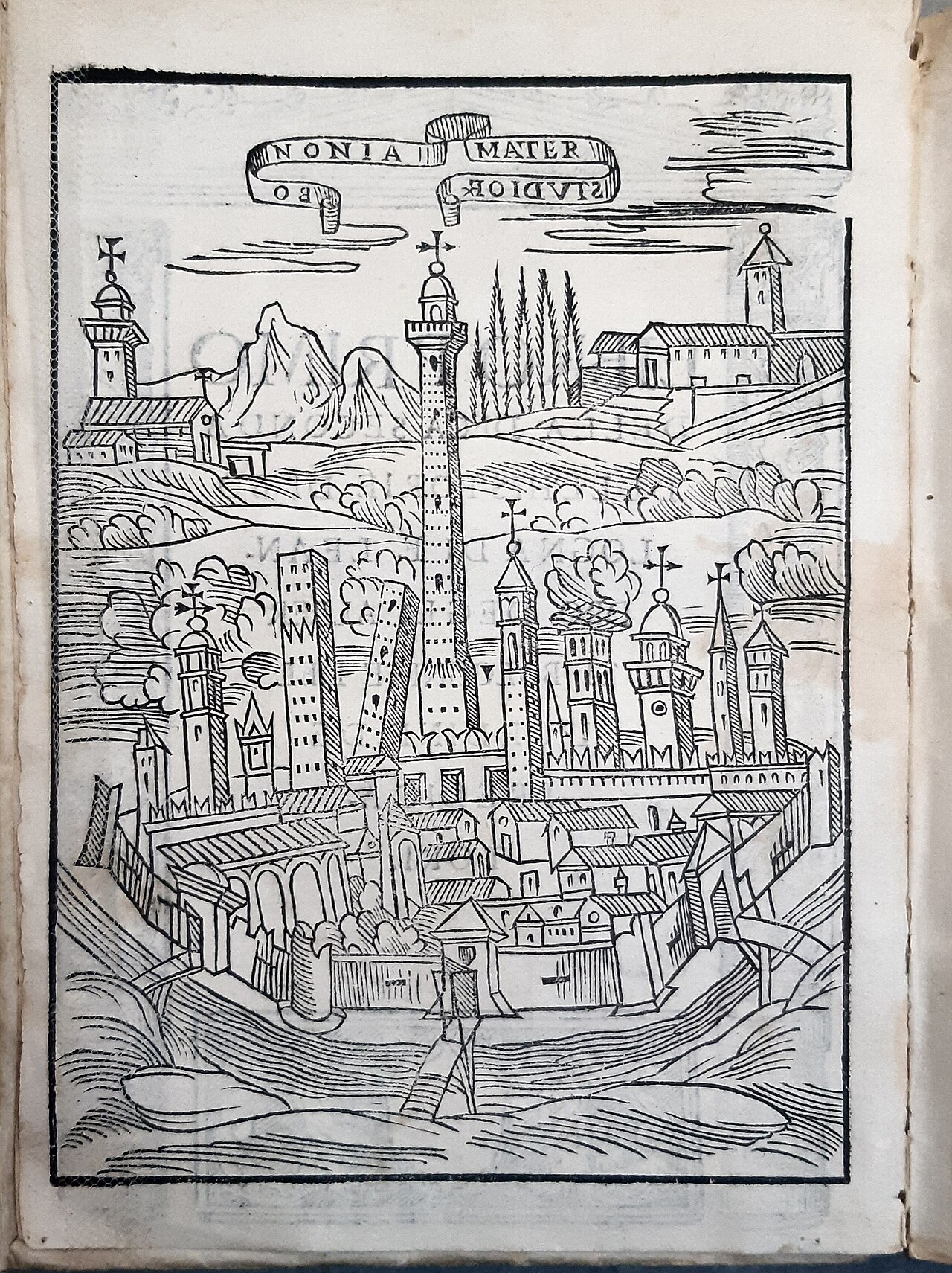 Engraving of the city of Bologna from Leandro Alberti's Deca seconda delle Historie de Bologna, Fausto Bonardo, 1590. The very tall tower and the leaning tower beside it still stand in the city centre.