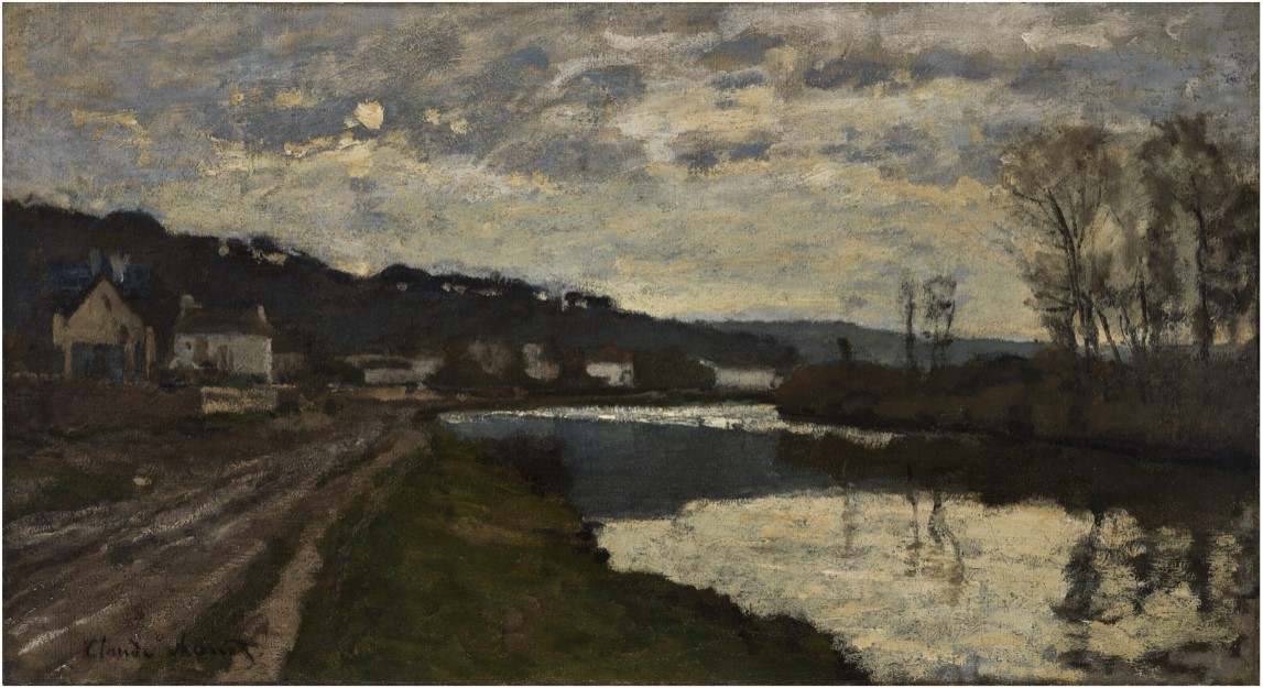 "La Seine à Bougival" (1870) by Claude MONET 
Medium :  oil on canvas
Dimensions : 15 7⁄8 x 28 7⁄8 in. / 40.3 x 73.4 cm
Note : signed 'Claude Monet.' (lower left)
Collection privée, sale lot 832 Christie's 11 Nov 2023 
(https://www.christies.com/en/lot/lot-6452271)

Catalogue raisonné Wildenstein 1996, Vol. II, N° 150