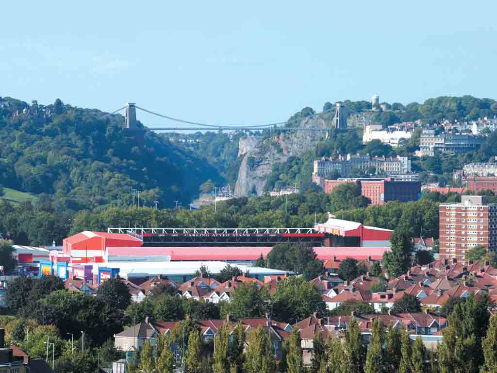 View over Bristol - Ashton Gate Stadium and the Clifton Suspension Bridge.