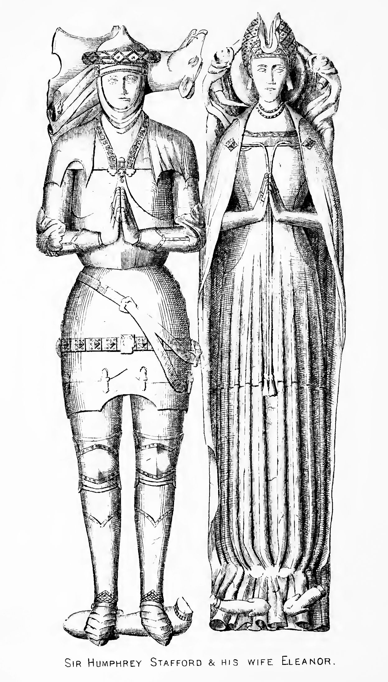 Bromsgrove Church of St John, monument with effigies to Sir Humphrey Stafford (1400-post 1450) of Grafton, in the parish of Bromsgrove in Worcestershire, Governor of Calais, son of Sir Humphrey Stafford of Grafton by his wife Elizabeth Burdett. He married Eleanor Aylesbury (b. 1407 - d. AFT 1467), a daughter of Thomas Aylesbury and Catherine Pabenham.
Text from: Cotton, William, Bromsgrove Church : its history &amp; antiquities ; with an account of the Sunday schools, churchyard, and cemetery", p.61 [1]

At the east end of the north aisle is an alabaster monument to Sir Humphrey 
Stafford, of Grafton, son and heir of Sir Humphrey Stafford, of Grafton, knight, by 
Ehzabeth his wife, daughter and heiress of Sir John Burdet, knight, displaying a full 
length recumbent figure of a knight, arrayed in the superb armour of the period ; 
Cased from head to foot in panoply of steel. 
His head is covered with a conical basinet or helmet, encircled by a rich jewelled 
wreath, called an orle, which was introduced during the reign of Henry W. for 
the purpose of contracting the heavy pressure of the jousting helme, worn over it at 
tournaments. (Plate IV., figure i.) The basinet is attached to a gorget (a piece of 
armour worn round the neck, the origin of that which officers now wear when 
on duty), the fastening being covered by an ornamental border (Plate IV., fig. 2), 
which is succeeded by the breast plate and back piece ; the shoulders are covered 
with jiauldrons, and the arms and hands protected by brassarts, elbow pieces, 
vambraces, and cuffed gauntlets, all likewise of plate. Round his neck is suspended 
the collar of SS. (Plate IV., figure 3), a cognizance introduced by Henry IV., being 
the initial letter of his favourite motto "Soveragne." Beneath the head is a jousting 
helme, the crest of which is a boar's head (Plate IV., figure 4), couped upon a 
wreath mantling and doubling.* The thighs, legs, and feet are incased in cuisses, 
genoiulleres, jambs, and soUerets pointed at the toes ; rouelle spurs were originally 
fastened to the heels, but the straps alone of these remain. The bawdrick or girdle, 
horizontally disposed about the loins, formerly bore the arms of Stafford, within 
a border engrailed, and an anclace or dagger on the right side : this is now missing, 
as also the sword, which was suspended on the left side from a belt buckled in front, 
and crossing the body diagonally, a fashion which had fallen into disuse on the 
introduction of the bawdrick, in the reign of Edward III., but was, during the 15th 
century, again revived. At the feet reclines a greyhound. 
Outstretch'd together are express'd 
He and my lady fair : 
With hands uplifted on the breast 
In attitude of prayer ; 
Long visaged, clad in armour, he, 
With ruffled arm and bodice, she. 
By the side of Sir Humphrey reposes the efihgy of his wife Eleanor, represented in the fashionable dress of her time, viz., a surcote or low bodied gown, fitting close to the shape, with light drawn sleeves; over this a mantle, open in front, and fastened across the breast by a cordon hanging down. The hair is gathered into a network of an orbicular shape, divided in the middle, milrc-like. (Plate IV., fig. 5.) * When a knight was equipped for the tournament, he wore a wreath upon his helmet, which was generally composed of two skeins of silk, of different colours, twisted together, and answering to the principal colours of the device of his shield. Round Iicr neck is a double chain. (Plate IV., figure 6.)* Her head is supported by two angels, and a dog and grififin crouch at her feet. 'J'he sides of the tomb are divided into square recessed compartments (Plate VI., fig. i), containing quatrefoils, 
in the middle of which are small shields ; to these were affixed armorial bearings, but 
none of them are now discernablc. According to Nash they bore the following : — 
Or a chevron Gules and canton ermine ; Stafford ; quartering Azure, a chief Gules, 
over all a lion rampant Argent ; Hastang : and empaling Azure a cross Argent ; 
Aylesbury. The tomb also bore the arms of Palgrave and Burdet. Stafford was 
heir of Palgrave, and Palgrave heir of Burdet. The inscriptions are worn away. 
Eight of the compartments originally completing the sides of this tomb now form 
the front and end of a long seat or sedilia on the south side of the sanctuary. 
In the iSth year of the reign of Edward IV., Eleanor, the widow of Humphrey 
Stafford, founded in the church a chantry of one chaplain, who was daily to say 
mass at the aUar of our lady for the good estate of the king and queen, herself, 
Sir Humphrey her husband, and Humphrey, lliomas, Elizabeth, Anne, and Joyce, 
their children. For the support of the chaplain, she granted to Thomas Lytelton, 
Justice of the Common Pleas, John Catesby, serjeant-at-law, and others, an annual 
rent of lo marks, issuing out of her manor of Dodford, in Northamptonshire, with 
intent that they should pay the same to the chaplain of the said chantry by two 
equal portions, at Lady-day and Michaelmas. She presented the chaplain, and 
the Bishop of Worcester gave him insthution, and after her death the lords of 
Dodford presented. Thomas Harding, the first chaplain, was succeeded by Thomas 
Lancastre, in 1504. Roger Chant (151 1) and Thomas Blackweye (1512) also held 

the office. The deed of the foundation is worded as follows....