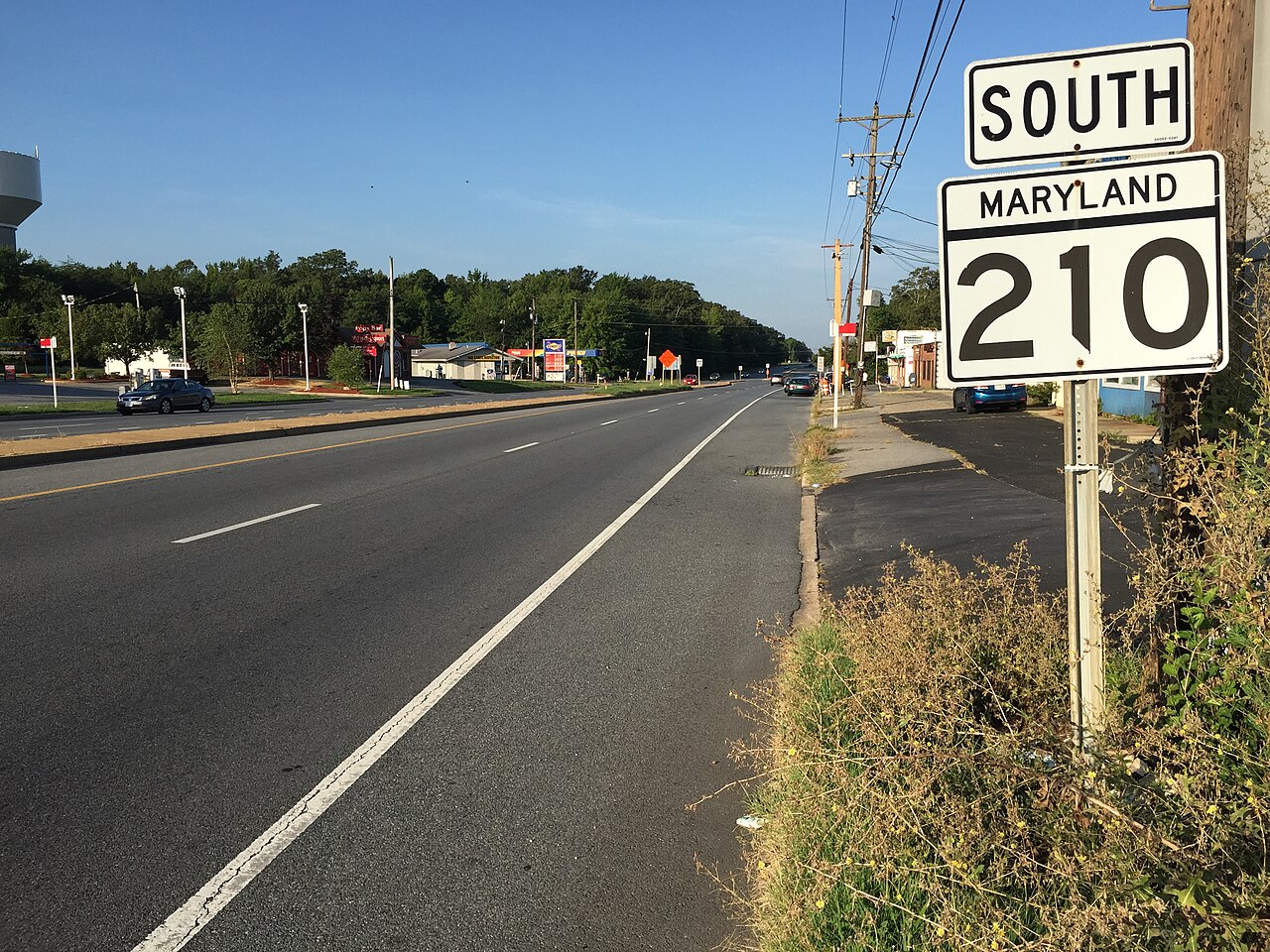 View south along Maryland State Route 210 (Indian Head Highway) at Maryland State Route 227 (Marshall Hall Road/Livingston Road) in Bryans Road, Charles County, Maryland
