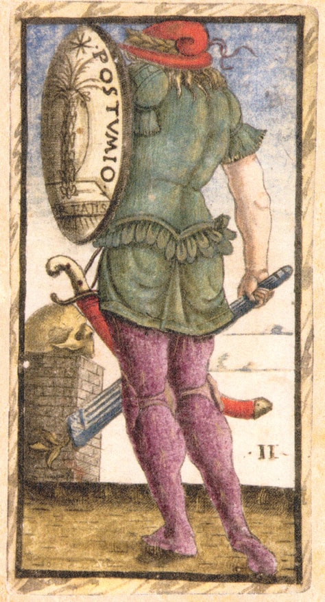 Postumio (II) card from the Sola Busca tarot deck, created in Italy during the late 15th century