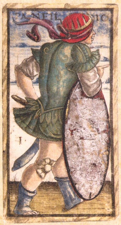 Panfilio (I) card from the Sola Busca tarot deck, created in Italy during the late 15th century