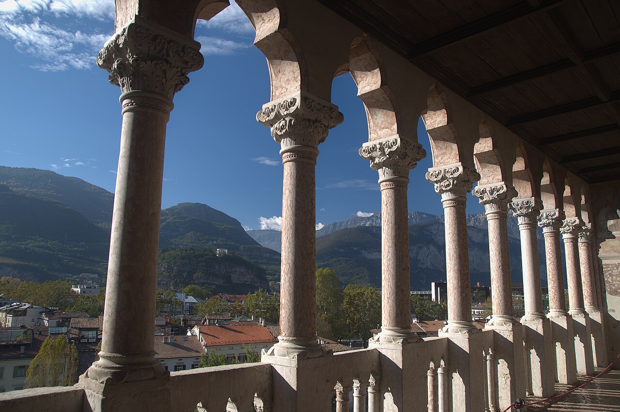 10 2014 Trento - Buonconsiglio Castle - panorama from Venetian International gothic Loggia: Hill Castion, Hill Trento, Mausoleum Cesare Battisti, Mountain Soprasasso,  Mountain Terlago - ITALY - Pentax K-5 II -Tamron AF 17-50mm F2.8 - darktable - gimp - ubuntu - photo by Paolo Villa - 8907