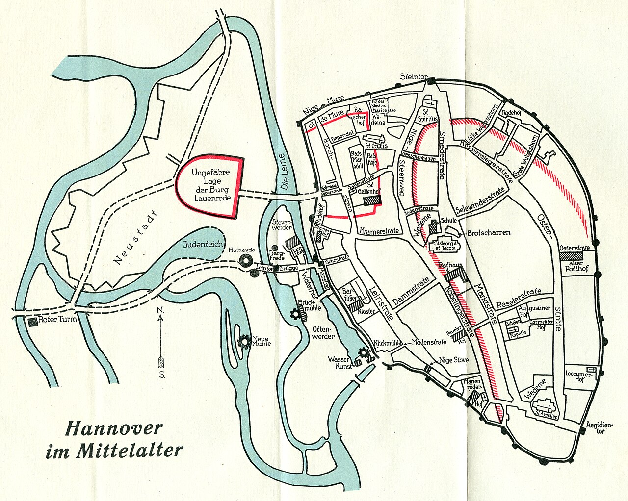 Übersichtsskizze Hannover im Mittelalter mit dem Verlauf der Leine und deren heute zugeschütteten Armen und dem Judenteich, der Leineinsel etwa mit der Brückmühle, der ungefähren Lage der Burg Lauenrode in der späteren Calenberger Neustadt. Rechts die Altstadt Hannover mit ihren Befestigungsanlagen, Straßenverläufen, Klöstern und Höfen, darunter der St. Gallenhof, der Beginenhof, das Barfüßerkloster, die alte Lateinschule und der Brotscharren sowie die Heilig-Geist-Kirche (St. Spiritus) und der Loccumer Hof. Das hier gescannte Blatt war zwischen den Seiten 24 und 25 eingefaltet in dem Artikel Straßen und Häuser im alten Hannover von Karl Friedrich Leonhardt, erschienen in den Hannoverschen Geschichtsblättern , 27. Jahrgang, S. 22-139 ...