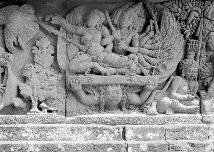 Ravana kidnapping Sita riding winged giant, while the Jatayu on the left tried to help her. 9th century Prambanan bas-relief at the temple dedicated to Shiva at the Candi Lara Jonggrang or Prambanan temple complex, Java, Indonesia