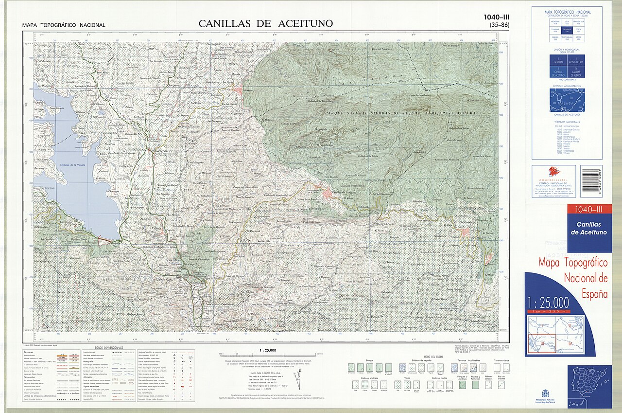Fragment 1040c3 of the National Topographic Map of Spain in 2001 at a scale of 1:25000 printed and scanned with a resolution of 250 ppi. It shows Canillas de Aceituno.