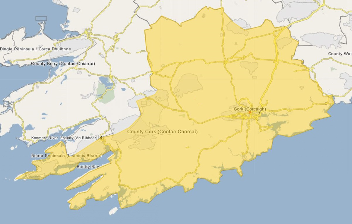 Map of County Cork
Geographical Limits:

N: 52.4091°
S: 51.3786°
W: -10.3436°
E: -7.7042°