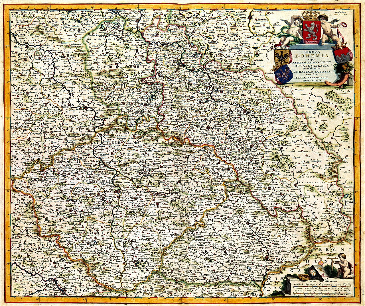 Though this map was published by Frederik de Wit (1630-1706) only at the end of the 17th century, it shows Bohemia around 1620. De Wit based this map on one by his colleague Jan Janssonius (1588-1664). In 1620 Janssonius had published a Dutch version of the Bohemia map which had been published the previous year by Paul Aretin in Prague.