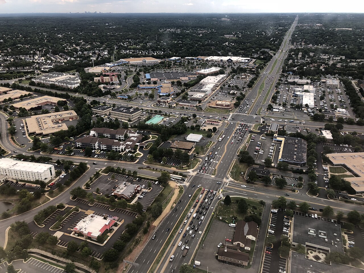 View east along U.S. Route 50 (Lee Jackson Memorial Highway) at its intersections with Sullyfield Circle, Centerview Drive, Centreville and Walney Roads in Chantilly, Fairfax County, Virginia, viewed from an airplane heading for Washington Dulles International Airport