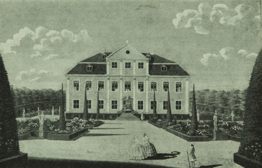 Engraving of Charlottenlund Slot based on painting by Johan Jacob Bruun.