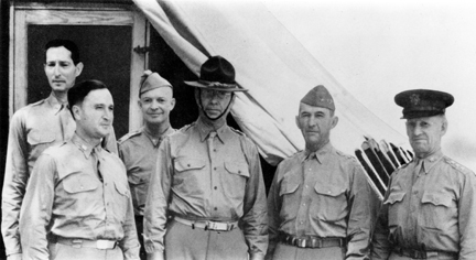 Senior officers during the Louisiana maneuvers. Left to right: Mark Clark, Chief of Staff, Army Ground Forces; Harry J. Malony, Chief of Staff, Second Army; Dwight D. Eisenhower, Chief of Staff, Third Army; Ben Lear, Commander Second Army; Walter Krueger, Commander Third Army; Lesley J. McNair, Commander Army Ground Forces