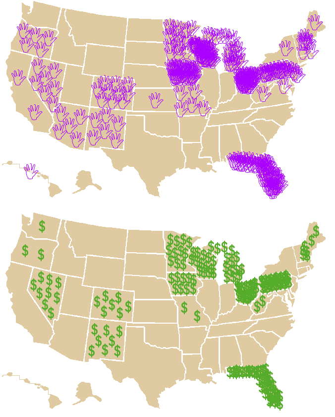 These maps show the amount of attention the Bush and Kerry campaigns (considered together) gave to each state during the final five weeks of the 2004 election:
At the top, each waving hand represents a visit from a presidential or vice-presidential candidate during the final five weeks of the election. (Candidates' visits to their own home states are not counted.)
At the bottom, each dollar sign represents one million dollars spent on TV advertising by the campaigns during the same time period.
Data from FairVote's report, "Who Picks the President?"