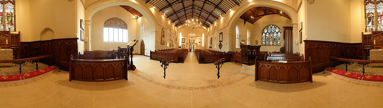 A panoramic view of the interior of St. Mary's Parish Church, Comber, taken from the chancel steps. The stained glass window in the South Transept has not yet been installed (it was installed in December 2008, the photo was taken the previous September)