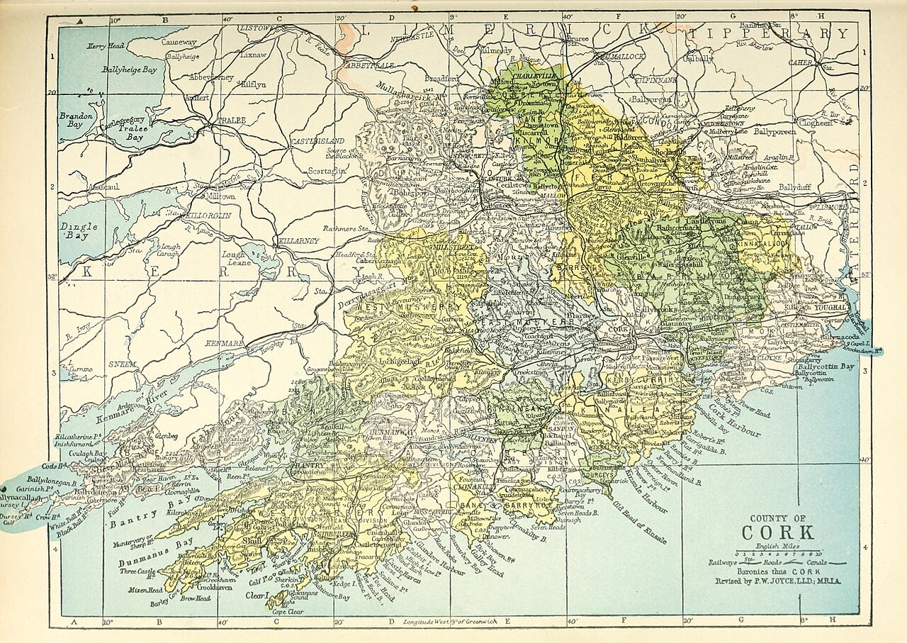 Map of the baronies of County Cork in Ireland; taken from Atlas and cyclopedia of Ireland, p.66