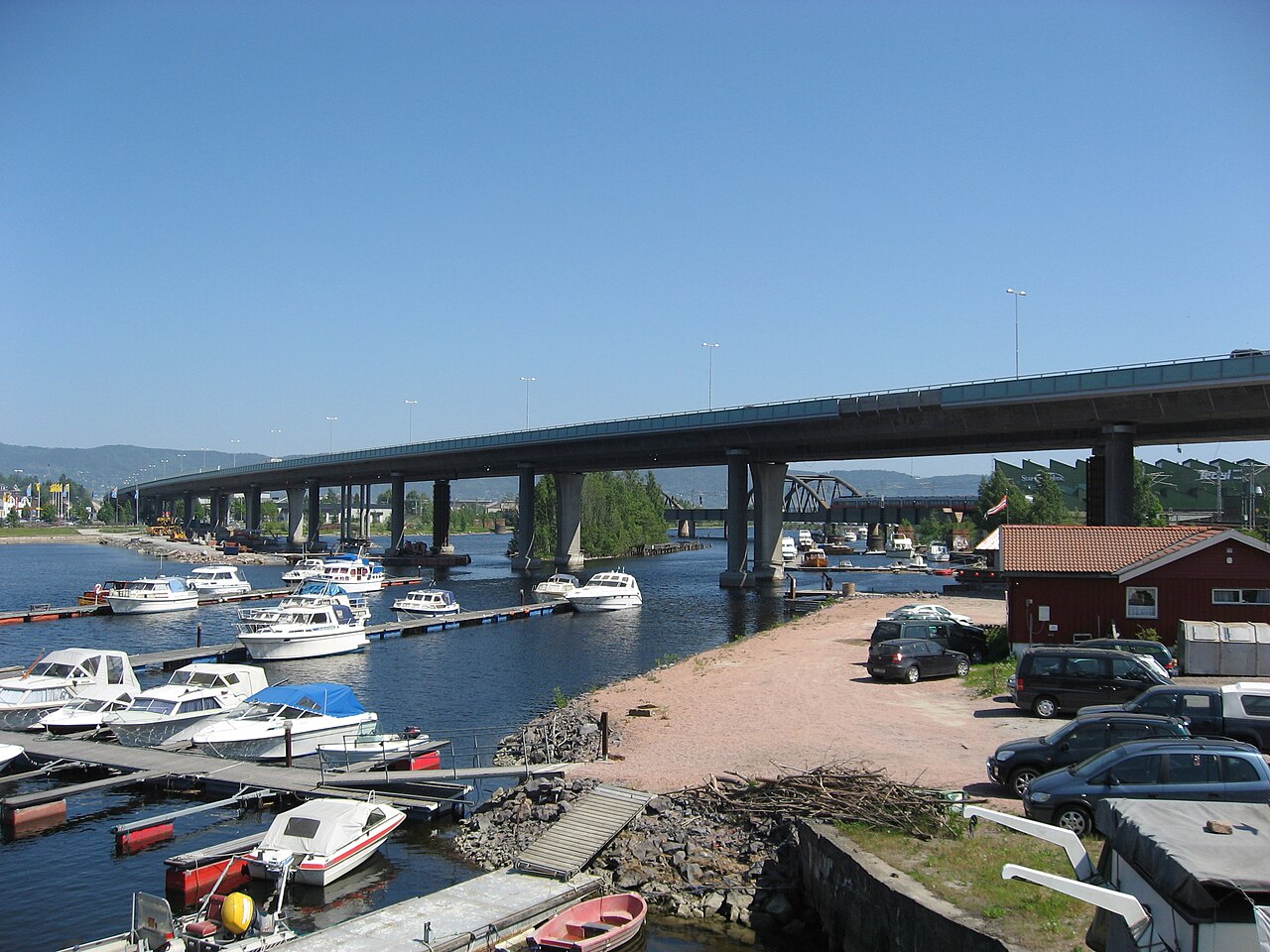 Motorway bridge in Drammen, Norway. The bridge north of the mid-river island.