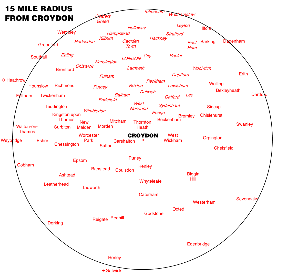 15 mile radius circle map from Croydon, England.