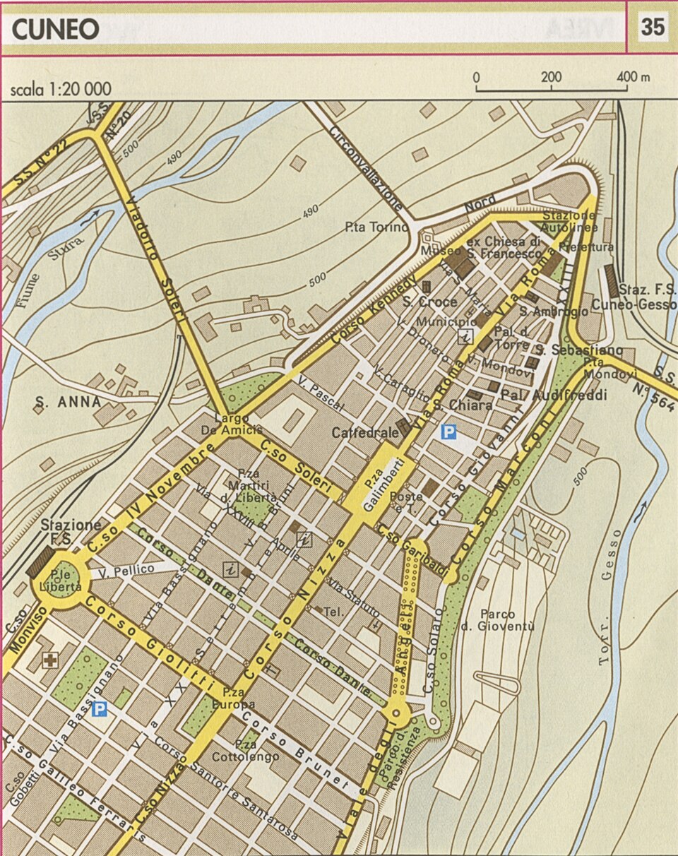 Map of Cuneo. Scale 1:20000. In Guida Rossa Piemonte Touring Club Italiano. ©2007 Touring Editore.
