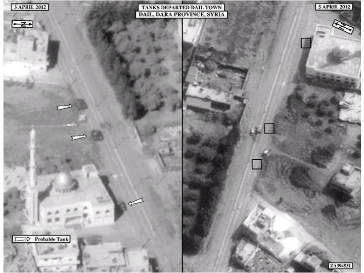 US Satellite imagery of Syrian tanks departing Da’el in Daraa province after several days of assaults against the town