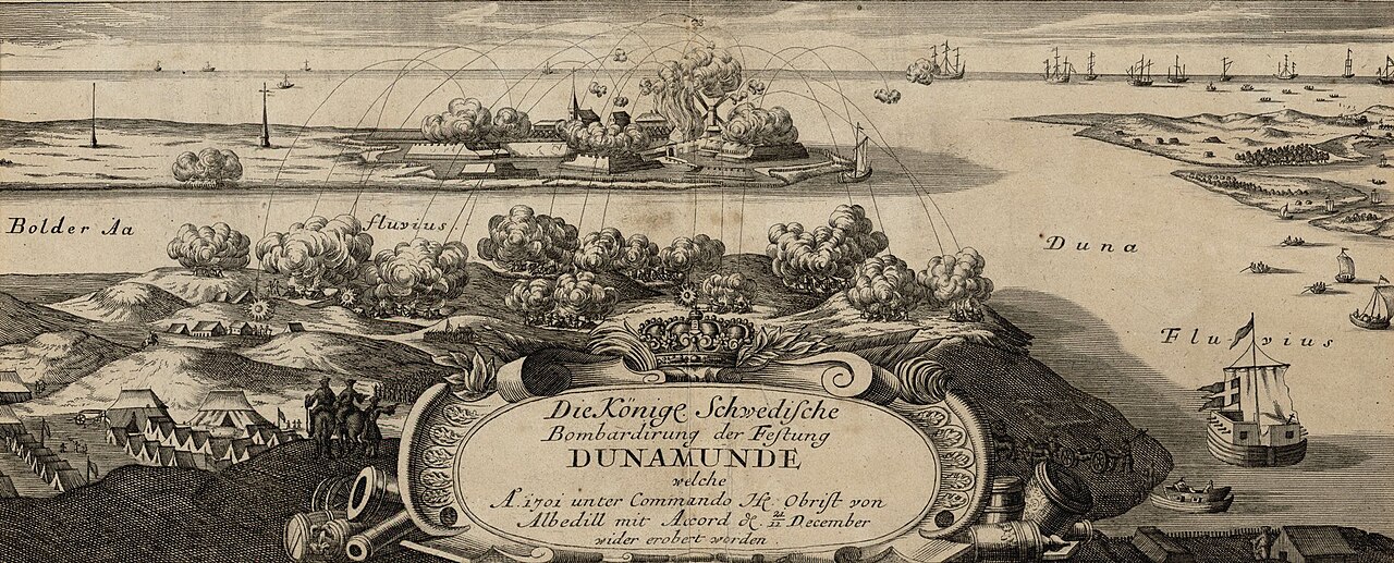 Swedish army bombarding the fortress of Dunamunde. A 17th-century etching.
The caption reads: Die Königl. Schwedische Bombadirung der Festung DUNAMUNDE welche Ao 1701 unter Commando Hr. Obrist von Albedill mit Accord de 11 December wider erobert worden. 

(Royal Swedish bombardment of the stronghold of Dunamunde which was reconquered under the command of Colonel von Albedyll by surrender on Dec 11 in the year 1701.)
