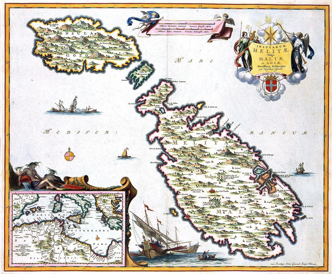 The map of Malta was published by Nicolaes Visscher II (1649-1702). The island Malta was generally known for its military, religious knight order of the Johanniters who had established themselves on the island. After the Crusades during which they distinguished themselves as hospital helpers, the Johanniters took care to secure the Mediterranean Sea against the Turks.
