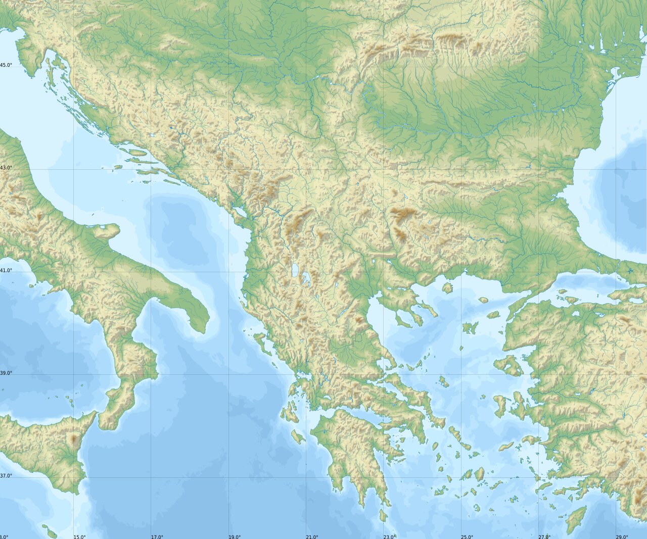 Geographic/physical location map of Balkan Peninsula. Geographic limits of the map:
N: 46°18'N
S: 35°48'N
W: 13°6'E
E: 29°48'E
Equidistant Cylindrical projection; WGS 84 datum